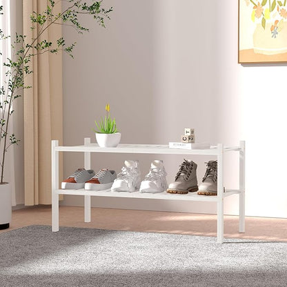 ROMGUAR CRAFT 2 Tier Bamboo Shoe Rack for Closet Free Standing Wood Shoe Shelf for Entryway Small Space Stackable 27"x11"x13" (White)