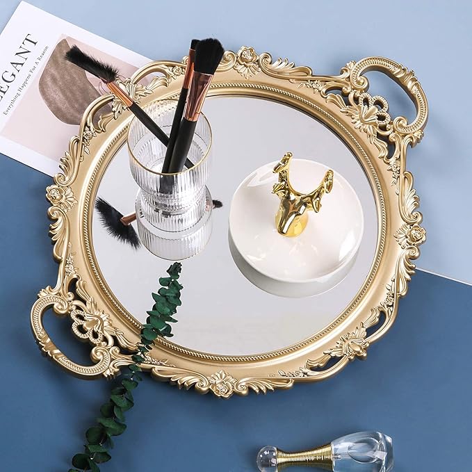 YANIZU Decorative Mirror Tray, Round with Handles, Organizer for Perfume, Makeup, Jewelry, Vintage Display and Serving Tray for Dresser, Counter and Coffee Table, 15.8" x 13", Gold
