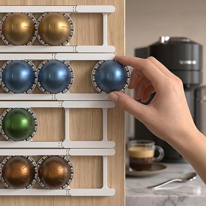 Adhesive Coffee Pod Holder for Nespresso VertuoLine, Holds 20 Capsules - Wall or Cabinet Mounted Coffee Capsule Rack with Strong 3M Adhesive Strips, Vertical or Horizontal Mount