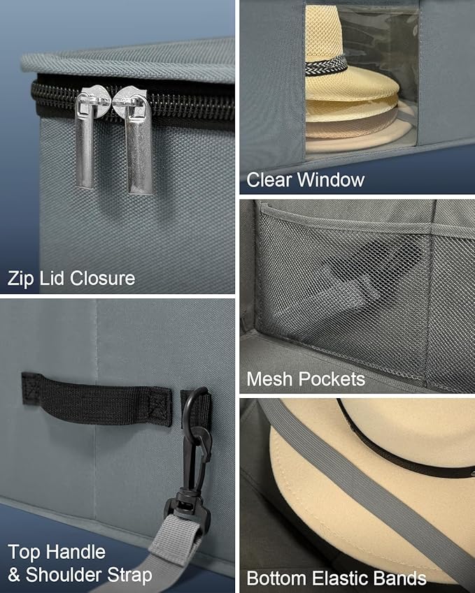 Large Cowboy Hat Storage Box with All Around Hardboard Support, Stackable, Crush-Proof, Dust-Proof Hat Carrying Case for Home & Travel, Rigid Hat Carrier Fits Up to 16" Wide Brim Hats, Grey