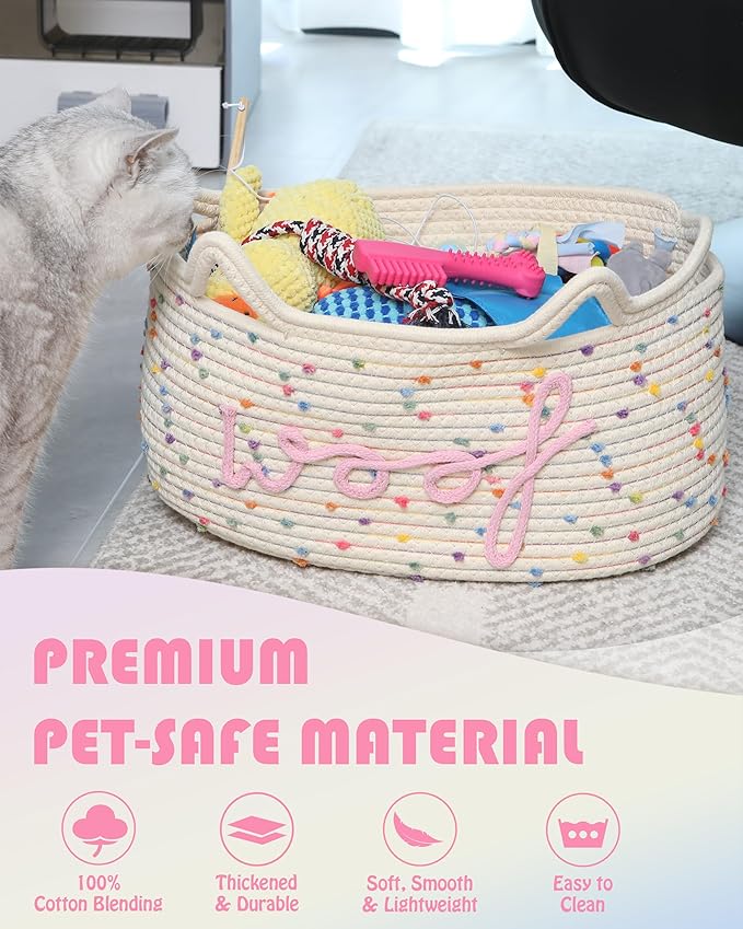 Sea Team Dog Toy Basket with Handles, 16.5 x 11 x 7 Inches, 4.4 Gallons Large Cotton Rope Storage Bin, Box, Shelf Organizer for Pet Chew Toys, Foods, Rainbow Woof