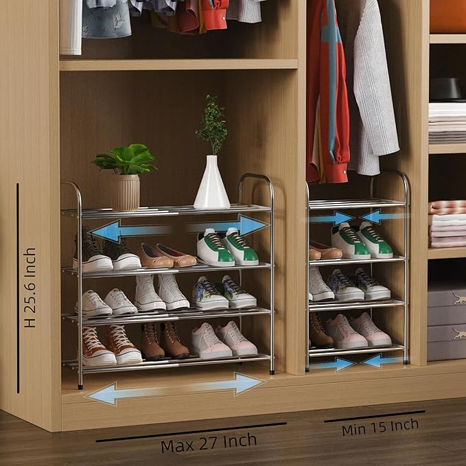 4 Tier Expandable Shoe Rack for Closet, Stainless Steel Shoe Shelf, Strong Weight Capacity Shoes Organizer, Easy to Install and Saving Space Standing Shelf with Sturdy Frame(4 Tier)