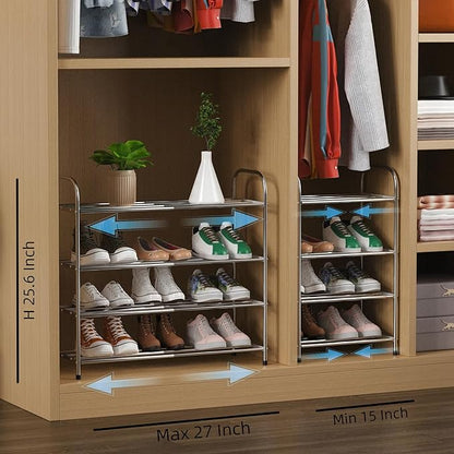 4 Tier Expandable Shoe Rack for Closet, Stainless Steel Shoe Shelf, Strong Weight Capacity Shoes Organizer, Easy to Install and Saving Space Standing Shelf with Sturdy Frame(4 Tier)