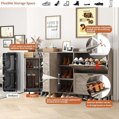HOMEFORT Large Shoe Cabinet with 4 Flip Drawers, Farmhouse Narrow Shoe Organizer Cabinet for Entryway, Hidden Shoe Rack with Adjustable Side Cabinet for Boot Storage,6 Wood Legs, Washed Gray