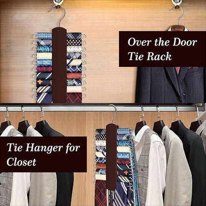 2 Pack Tie Rack for Closet, Premium Wooden Necktie Organizer Storage Tie/Belt Hanger, 360 Degree Swivel Space Saving Ties Holder for Men Hanging 40 Ties, Scarves Red