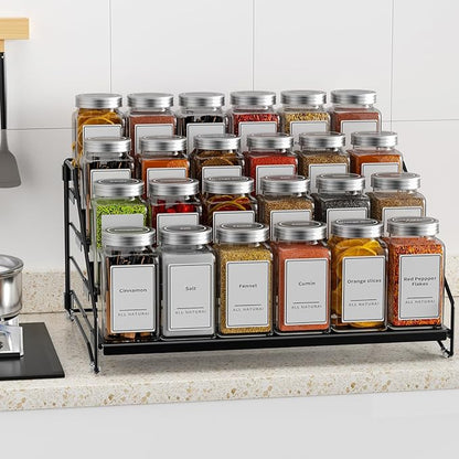 BOIVSHI 4 Tier Spice Rack for Cabinet, Spice Rack Organizer, Depth Adjustable Spice Holder for Countertop, Cupboard, Pantry, Seasoning Shelf, Metal, Black (1 Pack)