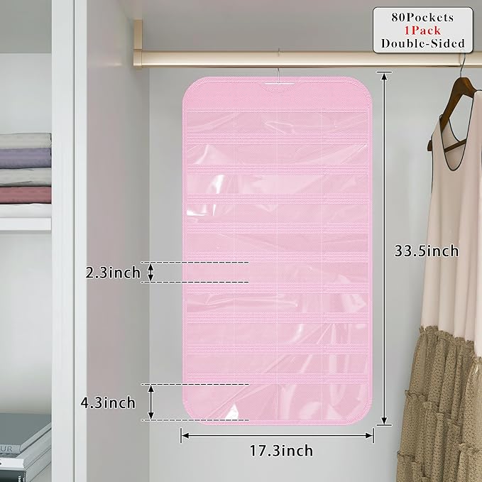 1 Pack Hanging Jewelry Organizer 80-Pocket Dual-sided Jewelry Storage for Earring Necklace Bracelet Ring Travel Holder, Pink