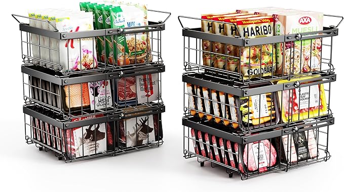 Deep freezer organizer bins-Fit 10 to 20 Cu.FT，6 Pcs stackable wire baskets for freezer，Vegetable Fruit Basket，kitchen countertop organizer，pantry organizers and storage，Expandable length 11.42-17.91"