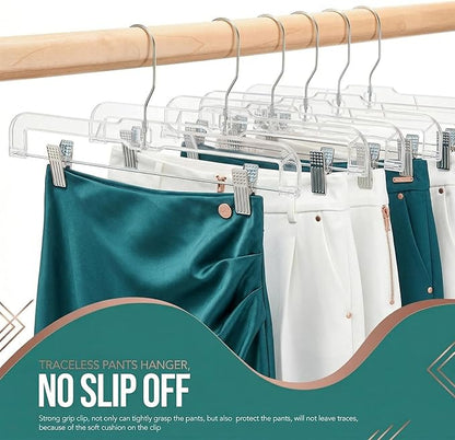 HOUSE DAY Clear Pants Hangers with Clips 12 Pack, Plastic Skirt Hangers for Women, 14 Inch Clip Hanger for Pants, Skirts, Jeans, Shorts, Legging, with 360-degree Swivel Hook, 2 Adjustable Clips