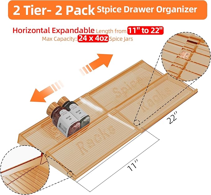 MUDEELA Clear Spice Drawer Organizer, 2 Tier - 2 Set (2 Packs) Spice Rack for Drawer, Expandable From 11" to 22" Kitchen Seasoning Organizers and Storage for Drawer (Jars not included), Amber