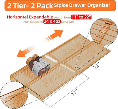 MUDEELA Clear Spice Drawer Organizer, 2 Tier - 2 Set (2 Packs) Spice Rack for Drawer, Expandable From 11" to 22" Kitchen Seasoning Organizers and Storage for Drawer (Jars not included), Amber