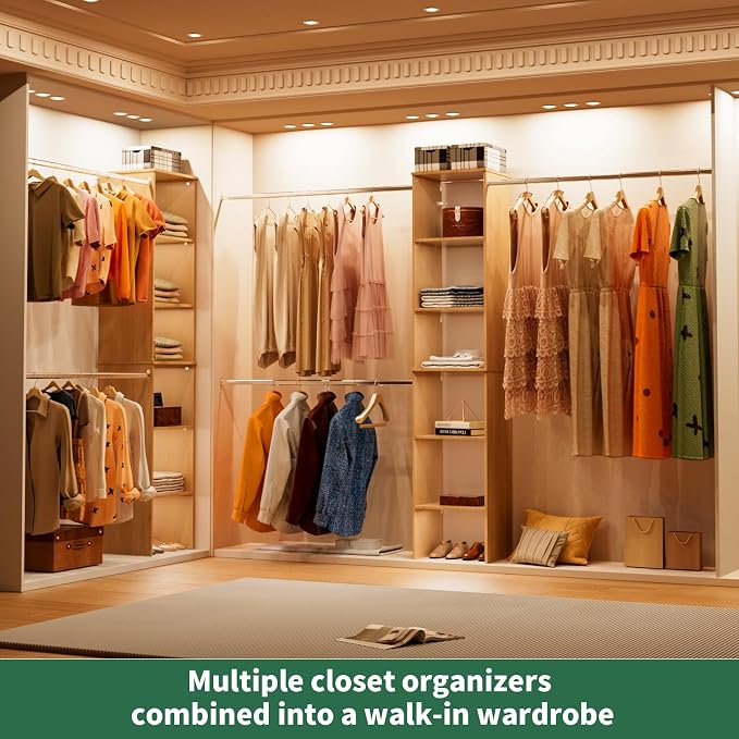 Closet System, 17" Wide Organizer with 3 Hanging Rods, Wood Tower Storage for Walk-In Closets, Wall-Mounted Wardrobe Organizer, Fits Spaces 5-9 ft
