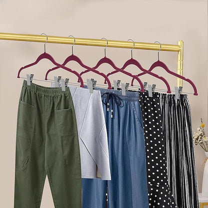 Quality Hangers Plastic Non Velvet Non-Flocked Thin Compact Skirt and Pant Hangers with Metal Clips - Suited for Pants Blouses Coats - 360° Swivel Hook (Raspberry, 20)