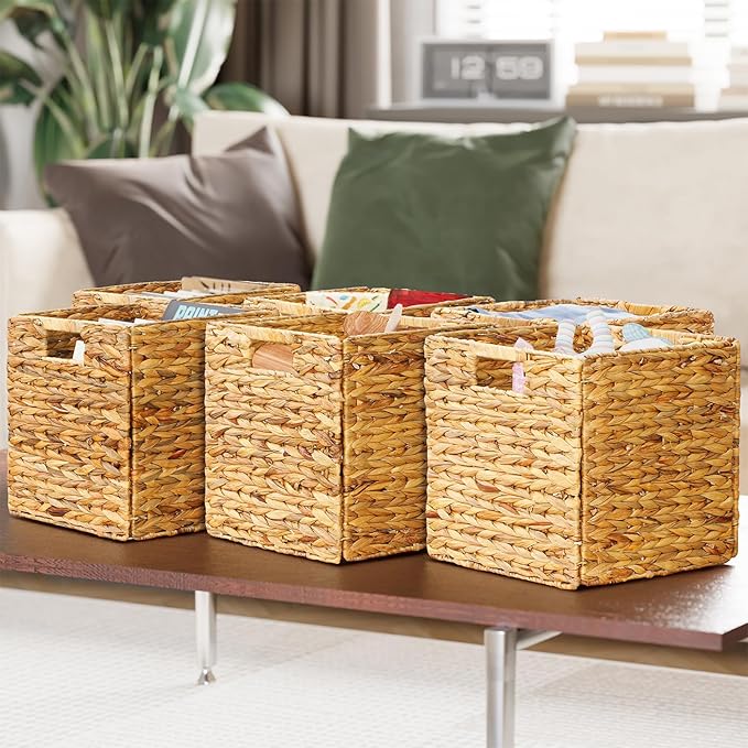 SpaceAid 6 Pack Wicker Basket, Storage Baskets for Organizing, Woven Rattan Basket with Handles for Shelves, Water Hyacinth Large Cube Organizer Storage Bin, 12x12x12 inch, Natural