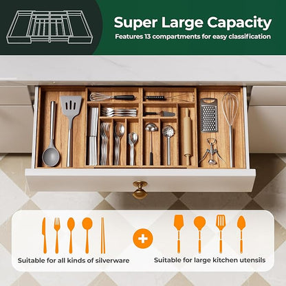 Large Silverware Organizer, 13 Slots Magnetic Connected Expandable Acacia Wood Utensil Drawer Organizer From 21 to 37.4 Inches, Adjustable Flatware and Cutlery Holder, Utensil Tray for Kitchen Natural