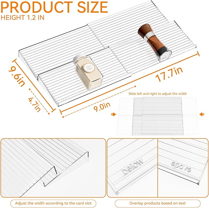 Yieach 4 Pack Adjustable Narrow Spice Rack for Drawer - Expandable From 9" to 17.7" - Acrylic Drawer Seasoning Organizer,Tiered Clear Spice Tray for Spices,Condiment,Nail Polish and Jar Organization