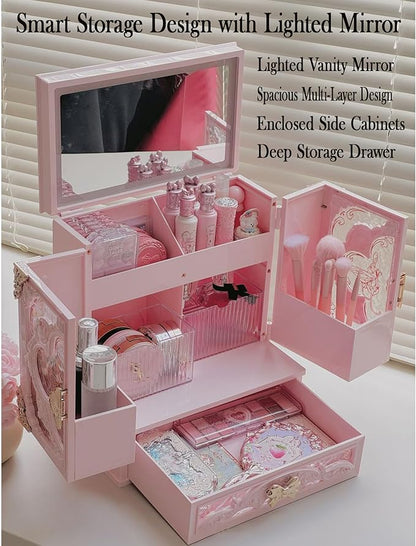 Lighted Vanity Makeup Organizer with Mirror, Large Vintage Cosmetic Storage Box with Drawers, Waterproof Dustproof Skincare & Beauty Organizer for Bathroom Counter, Gift for Women (Pink)