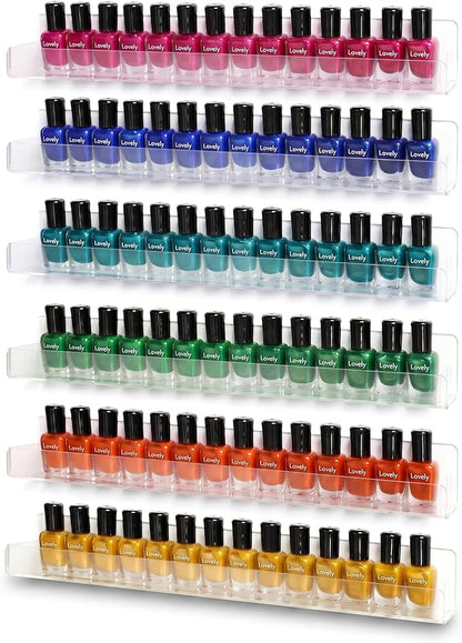 Umirokin Acrylic Nail Polish Rack Wall Mounted - 6 Pack Clear Nail Polish Organizer Shelf for 60-90 Bottles, Hanging Floating Essential Oil Storage & Paint Rack, 15 Inch Wall Holder for Salon & Home