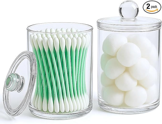 Acrylic Qtip Holder Bathroom Set, Bathroom Containers with Lids, Clear Plastic Apothecary Jars, Q Tip Holder Bathroom Set, Cotton Swab Holder, Cotton Ball Holder (Pack of 2)