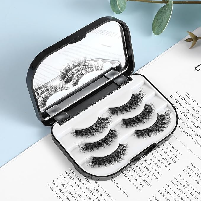 Eyelash Storage Case, 3 Layer False Eyelash Travel Case Fake Eye Lash Cases with Mirror Makeup Storage Box Empty Cosmetic Organizer Box Lash Packaging Can Store 3 Pairs (Black)