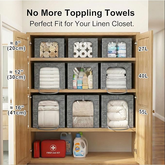 GoMaihe Baby Clothes Storage Bins with Metal Frame, 6-Pack Small Closet Storage Bin with Lid & Clear Window, Nursery Organizer for Baby Clothing, Toddler Kids Storage Boxes, Cationic Fabric 27L
