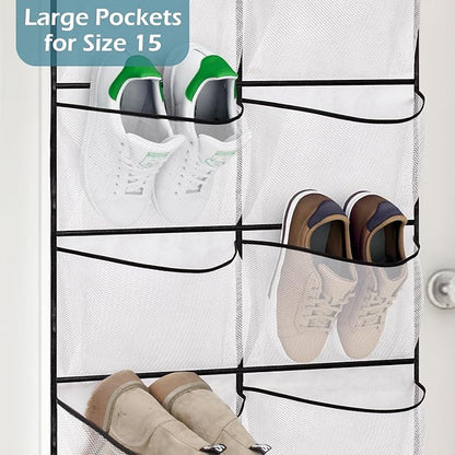 KIMBORA 2 Packs Narrow Over the Door Shoe Organizer and 12 Large Mesh Pockets Hanging Storage White