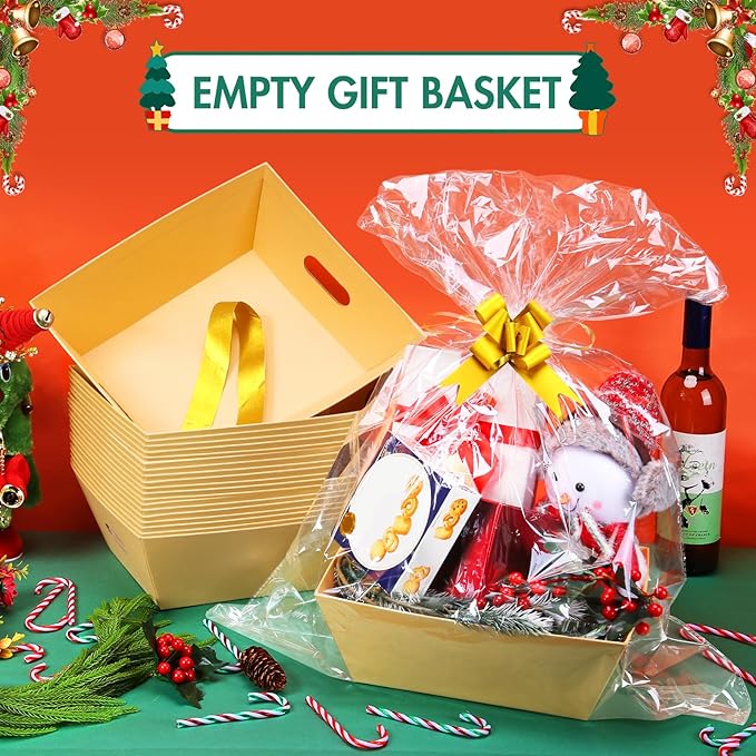 AFOROEOA 6PACK Baskets For Gifts Empty, 10x12”Thick Kraft Gift Basket with 6Bows 6Bags Empty Gift Baskets for Christmas, Valentine’s Day, Easter, Birthdays, Valentine’s Day Wrapping Gift