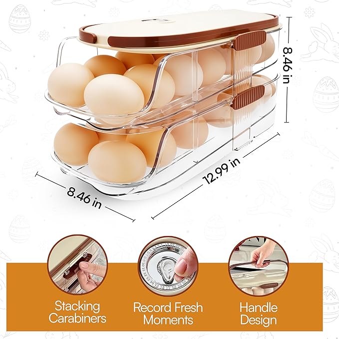 Auto Rolling Egg Holder for Fridge– 2-Tier Gravity Fed Egg Dispenser, Space-Saving Fridge Organizer for Fresh Eggs, No Assembly Required