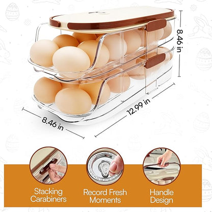 Auto Rolling Egg Holder for Fridge– 2-Tier Gravity Fed Egg Dispenser, Space-Saving Fridge Organizer for Fresh Eggs, No Assembly Required