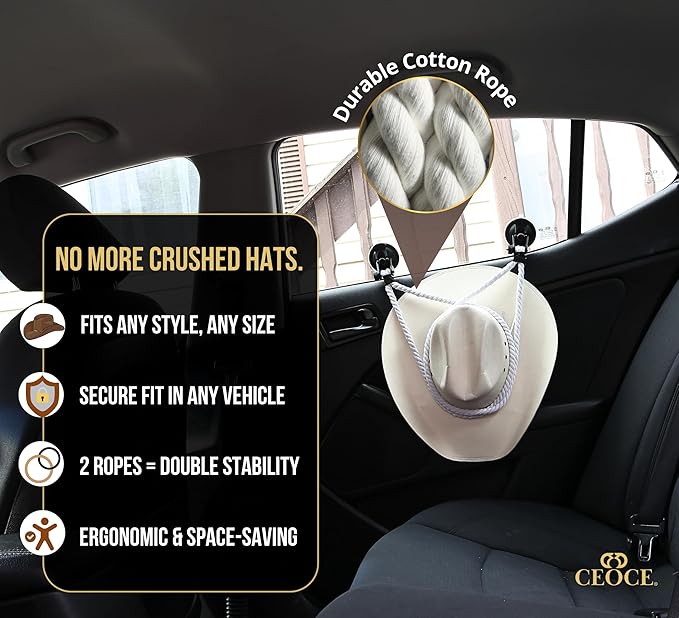 Car Cowboy Hat Holder for Truck – Easy-to-Use, Cotton Rope, Strong Suction Car Hat Holder Cowboy, Western Style – Keeps Gear Safe from Damage. (3-Pack)