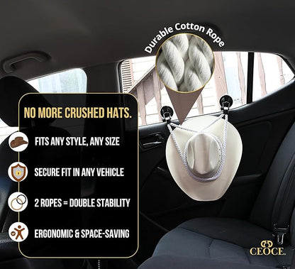 Car Cowboy Hat Holder for Truck – Easy-to-Use, Cotton Rope, Strong Suction Car Hat Holder Cowboy, Western Style – Keeps Gear Safe from Damage. (3-Pack)