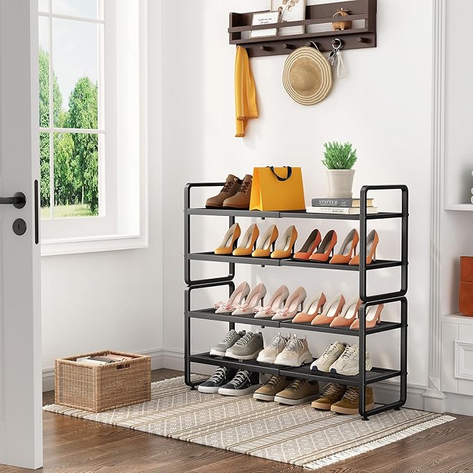 SNTD Shoe Rack - Expandable Shoe Organizer for Closet, Adjustable Metal Shoe Shelf Storage, Stackable Long Shoe Stand Holder for Garage, Entryway, Door Entrance (Black, 4-Tier)