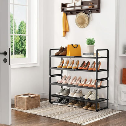 SNTD Shoe Rack - Expandable Shoe Organizer for Closet, Adjustable Metal Shoe Shelf Storage, Stackable Long Shoe Stand Holder for Garage, Entryway, Door Entrance (Black, 4-Tier)