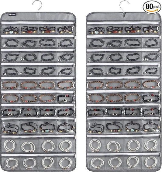 80 Zippered Pockets Hanging Jewelry Organizer for Holding Jewelries Dual-Sided Accessory Display Holder for Earrings Bracelets Rings (80 Zippered Pockets-Grey)