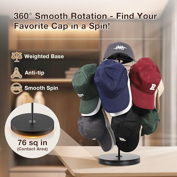 Keebofly Rotating Free Standing Hat Rack & Organizer Stand, 3-Tier Merchandise Display & Tabletop Baseball Cap Organizer Holds 40+ Caps, Portable for Vendor & Home Use in Bedroom, Closet, Entryway
