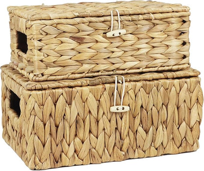 Set of 2 Wicker Baskets with Lid, Small Woven Wicker Storage Bins, Natural Water Hyacinth Basket Multipurpose Decorative Storage Boxes for Shelf Organizer (11.2" x 7.8" x 5.1" + 10" x 6.1" x 3.8")