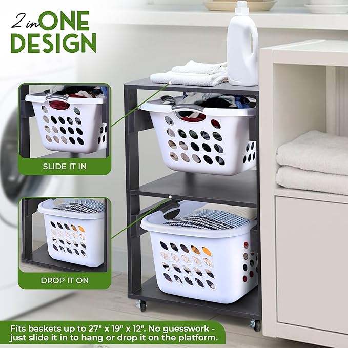 Laundry Basket Holder Shelf (2-Tier) - Stackable Engineered Wood Laundry Tower with Wheels, Tiered Laundry Hamper Organizer for Bathroom, Bedroom