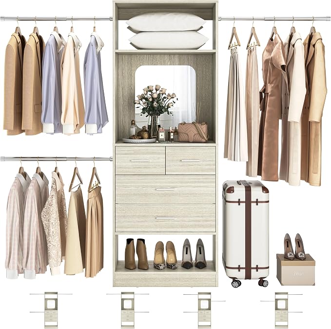 Unikito 8FT Closet System, Customizable 96” Closet Storage Organizer with 25” Tower and 3 Extendable Hanging Rods (Can Be Cut to Fit), Heavy Duty Clothing Racks with 4 Drawers and Shelves, White Oak