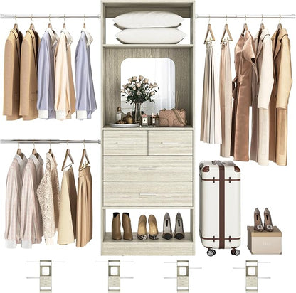 Unikito 8FT Closet System, Customizable 96” Closet Storage Organizer with 25” Tower and 3 Extendable Hanging Rods (Can Be Cut to Fit), Heavy Duty Clothing Racks with 4 Drawers and Shelves, White Oak