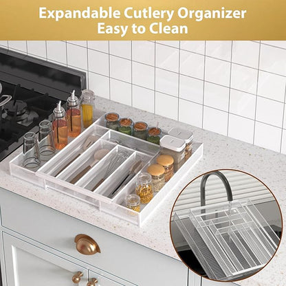 Sedegn Silverware Organizer Metal Mesh, Large Drawer Organizer, Utensil Cutlery Tray for kitchen drawers, Expandable Flatware Organizer with 8 Compartment White 11.6"~20" x 17.3"
