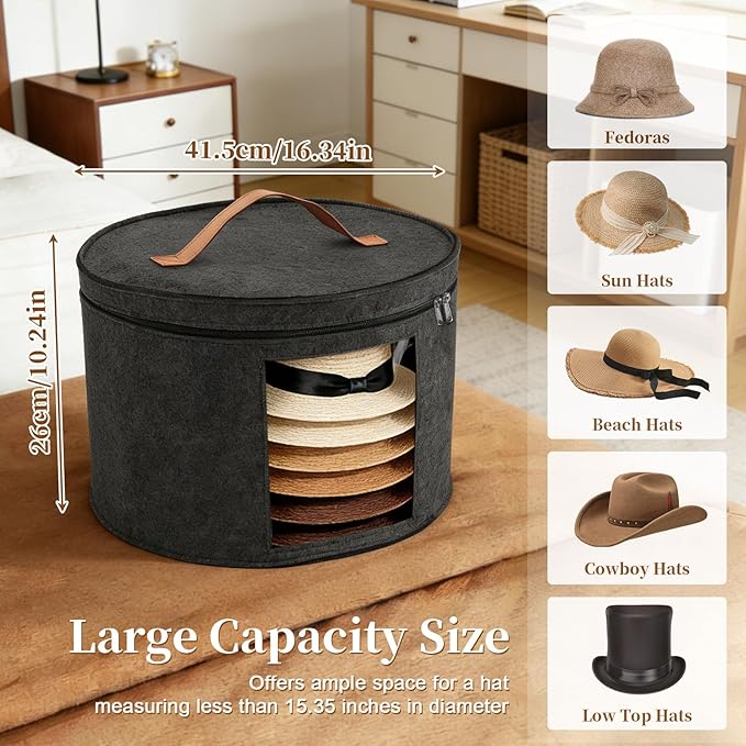 Hat Boxes for Women&Men Storage, Round Felt Hats Storage Box Container for Closet, Cowboy,Round Brim, 16" D x 10" H Foldable Caps Organizer Bag for Travel with Dustproof Lid (Black)
