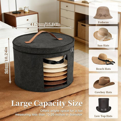 Hat Boxes for Women&Men Storage, Round Felt Hats Storage Box Container for Closet, Cowboy,Round Brim, 16" D x 10" H Foldable Caps Organizer Bag for Travel with Dustproof Lid (Black)