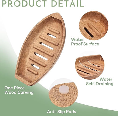 Acacia Wooden Soap Dish with Self Draining, Funny and Modern Multi Shape Design, Soap Holder for Sink Countertop, Shower & Bathroom Soap Tray。 (Boat-5.9"x3.74"x0.86")