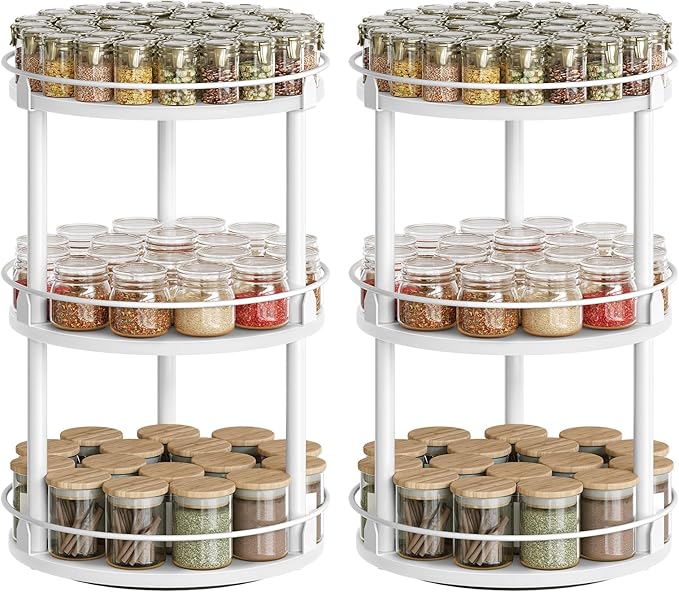 YATINEY Spice Rack, Set of 2 Lazy Susan Organizer, 3-Tier Turntable Organizer For Cabinet, Compact and Versatile, for Kitchen Countertop, White SR23L2WW