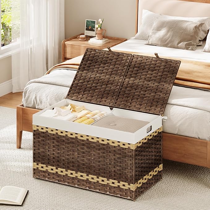HOOBRO Storage Basket with Lid, 42.3 Gallon (160L) Wicker Storage Basket with 2 Separate Lid, Blanket Storage Bin with 2 Removable Liner Bags, for Bedroom, Laundry, Brown and Natural BR276CW01