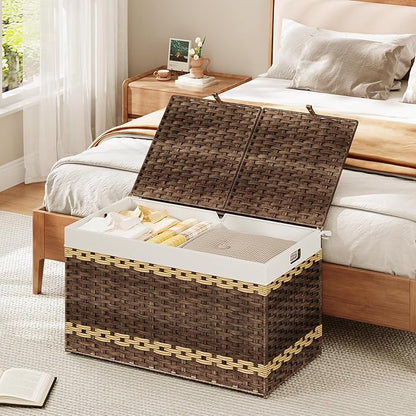 HOOBRO Storage Basket with Lid, 42.3 Gallon (160L) Wicker Storage Basket with 2 Separate Lid, Blanket Storage Bin with 2 Removable Liner Bags, for Bedroom, Laundry, Brown and Natural BR276CW01