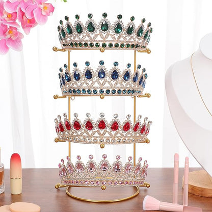 CALLARON Crown Display Stand, Jewelry Organizer Stand 4-Layer, Metal Necklace Display Holder, Vintage Headband Display, Gold Headdress Storage Rack Display for Crown Hairband Necklace Jewelry