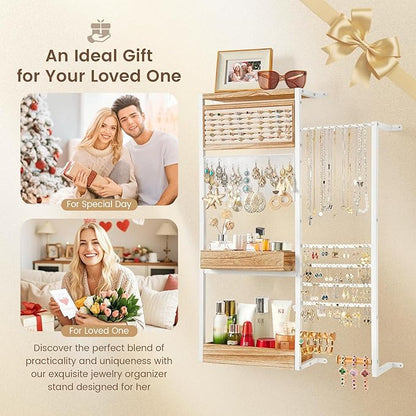 Pinzoveco Hanging Jewelry Organizer Wall Mounted, Large Hanging Jewelry Organizer Holder for Necklaces,Bracelest,Earrings,Rings,Watched,Makeup & Perfume (White)