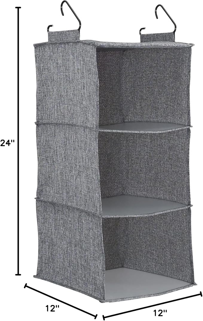 Household Essentials 3 Shelf Hanging Closet Organizer, Hanging Shelf with Hooks, Poly Linen and PEVA Shelving