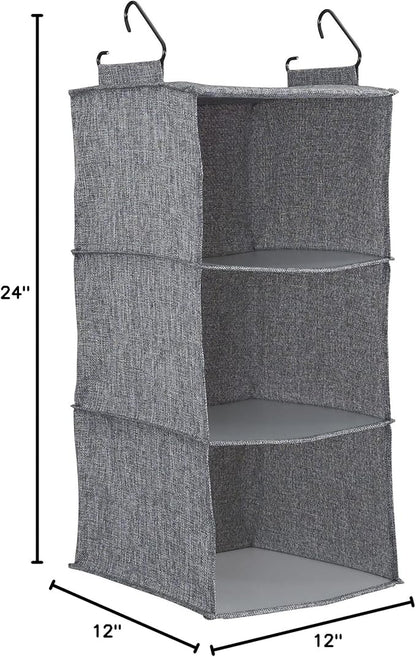 Household Essentials 3 Shelf Hanging Closet Organizer, Hanging Shelf with Hooks, Poly Linen and PEVA Shelving